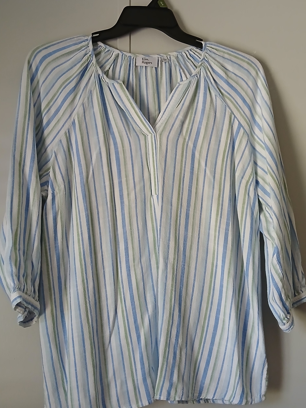 Kim Rogers White Knit Top with Blue & Green Stripes